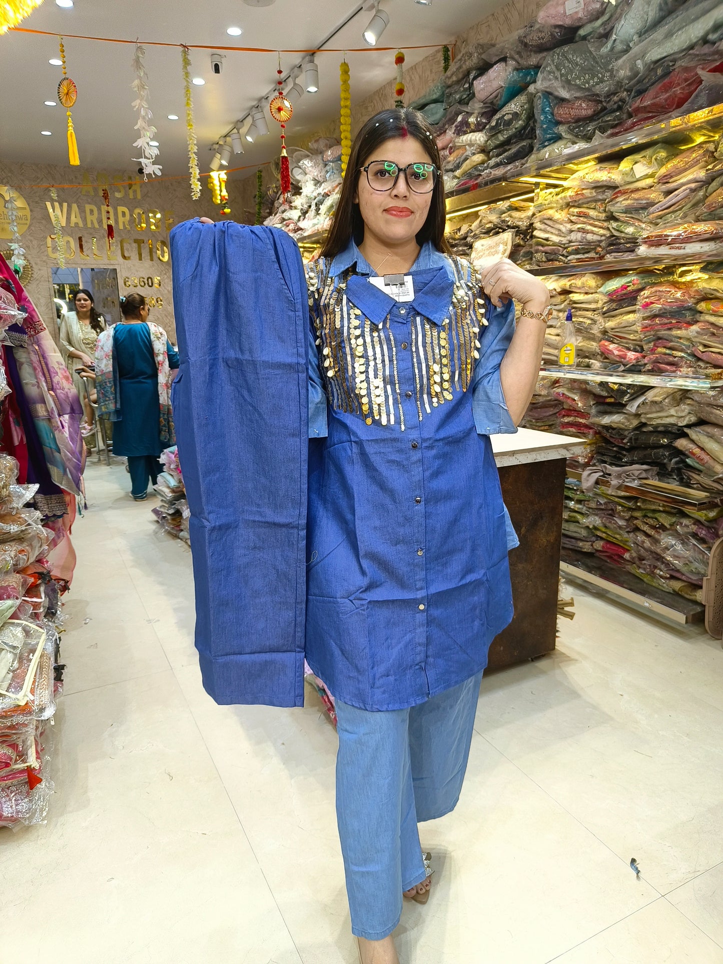 BEAUTIFUL GOLDEN SIPI WORK DESIGN ON TOP DENIM CORDSET