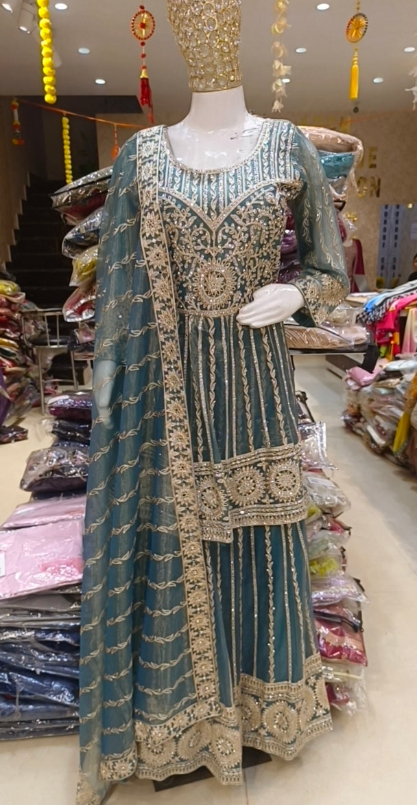 BEAUTIFUL WEDING WEAR SILVER TILLA WORK DESIGN LEHENGA