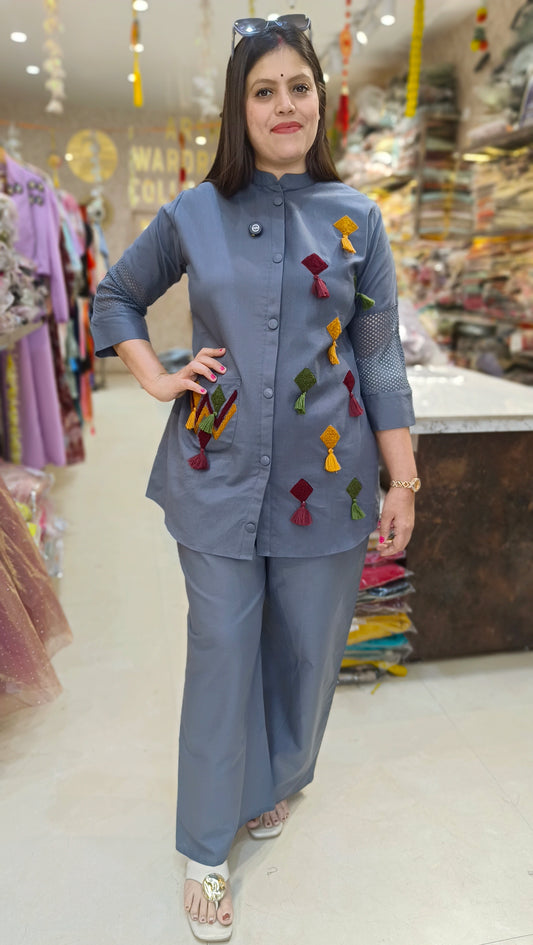 GREY POKET AND SLEVES DESIGN CORDSET