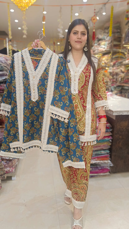 PEACOCK BLUE WHITE LASE DESIGNER CORDSET