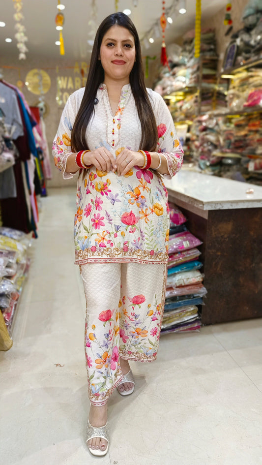 WHITE PURE COOTON MULTI COLOUR FLORAL DESIGN PLUS SIZE CORDSET