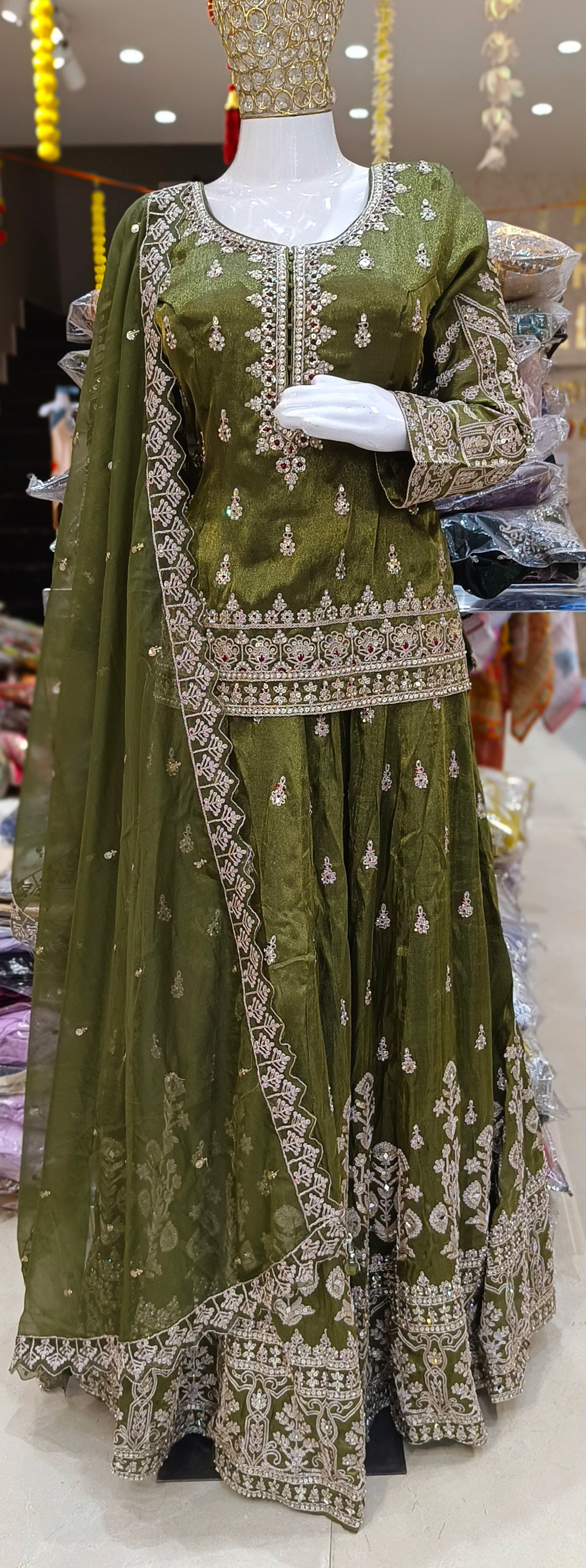 MEHNDI GREEN FUL PEARL AND TILLA WORK SHORT KURTI WITH FULL FLAIR LEHENGA