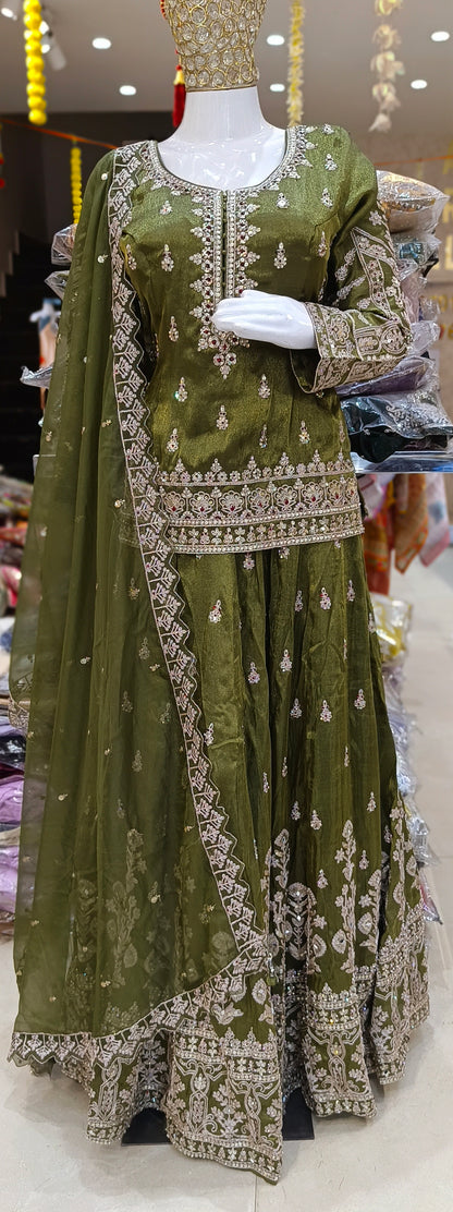 MEHNDI GREEN FUL PEARL AND TILLA WORK SHORT KURTI WITH FULL FLAIR LEHENGA