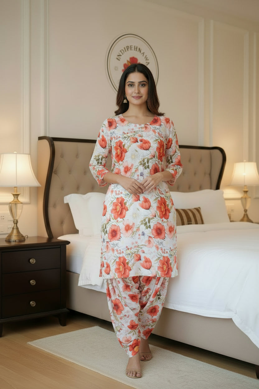 WHITE WITH ORANGE FLORAL FARSHI SALWAR SUIT