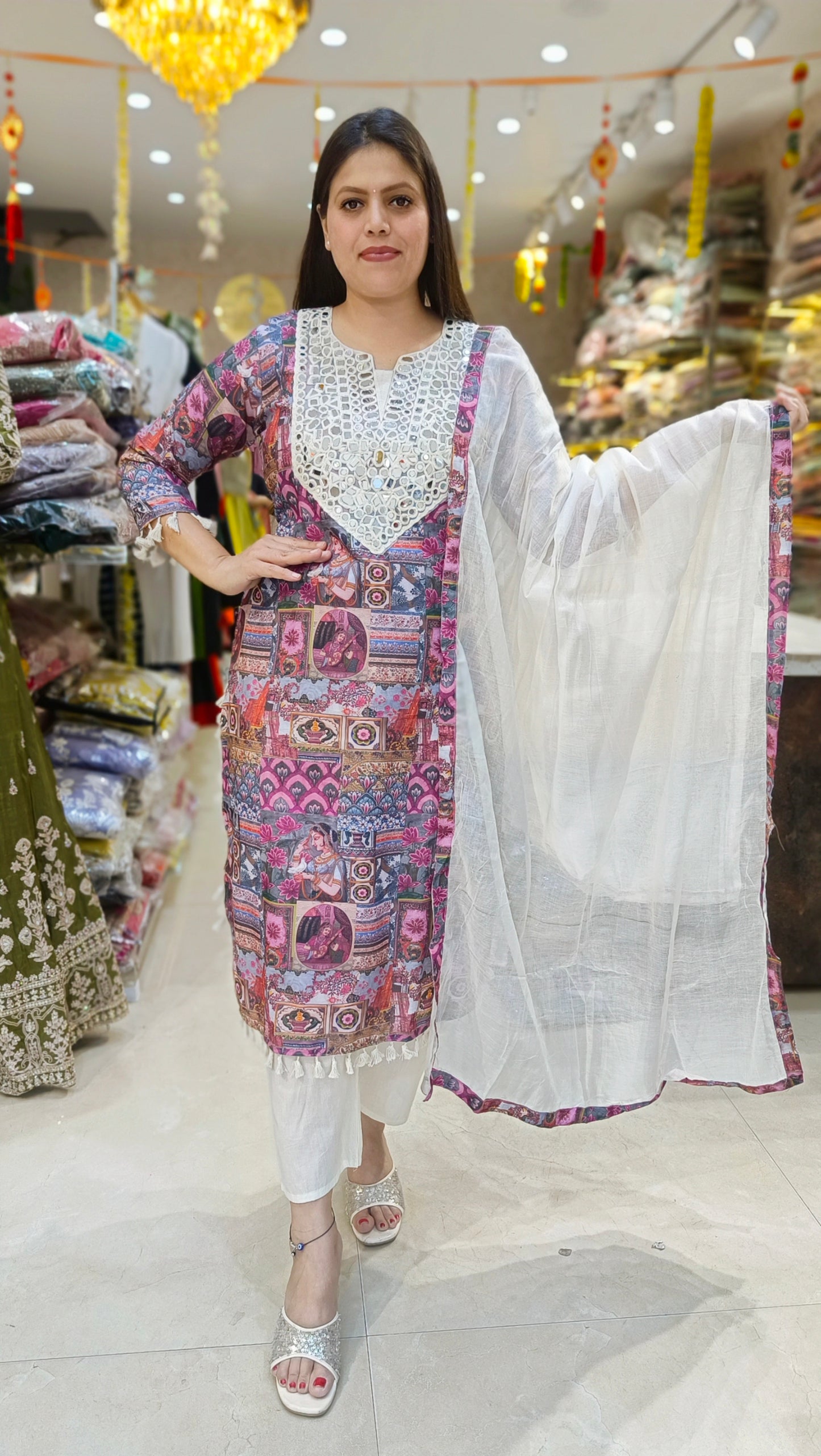 MULTI COLOUR SHIRT WITH WHITE DUPPTA AND PANT SUIT
