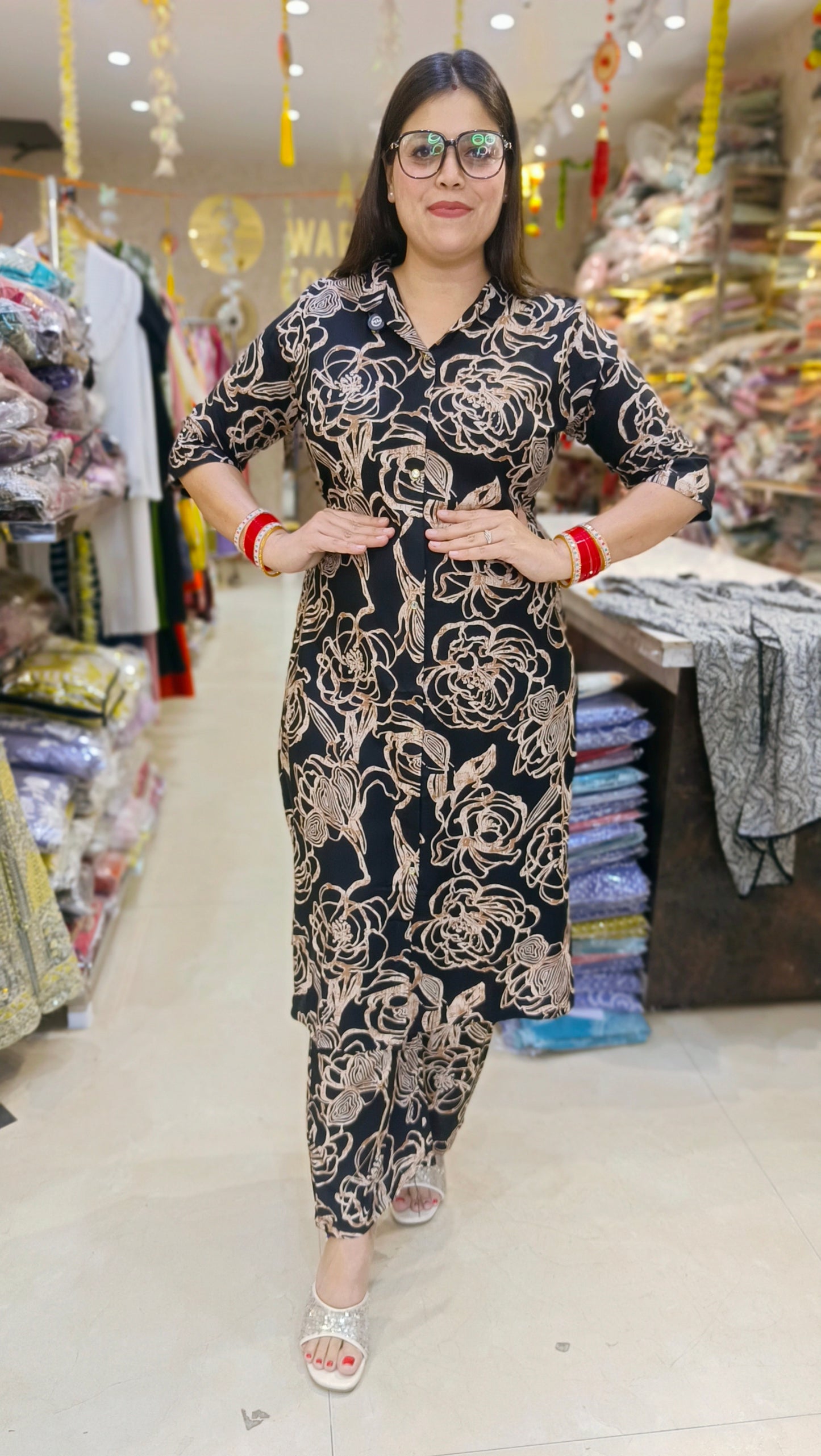 BLACK WITH IVORY PURE COTTON LONG LENGTH CORDSET