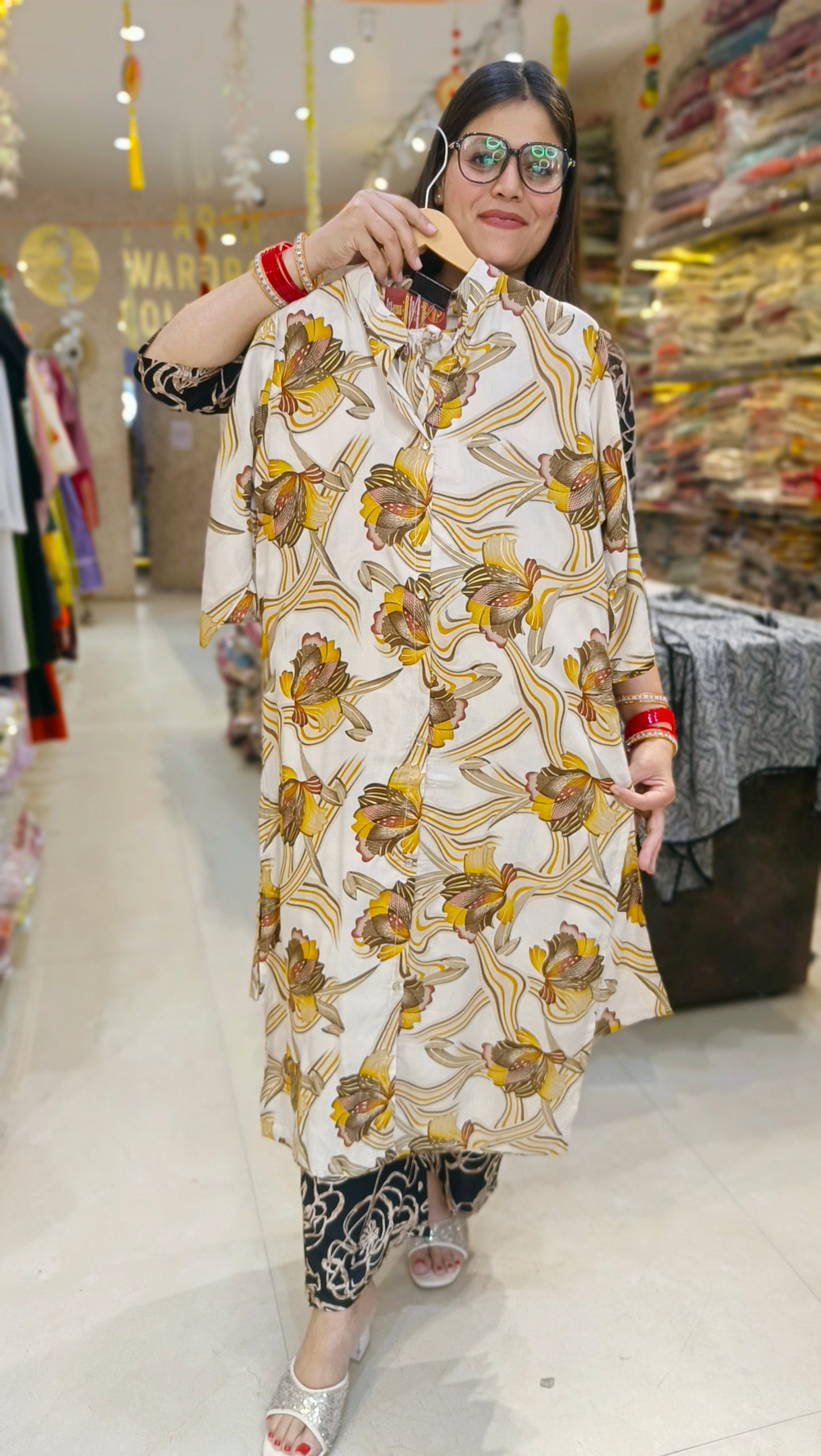 OFF WHITE WITH YELLOW DESIGN LONG LENGTH SHIRT CORDSET