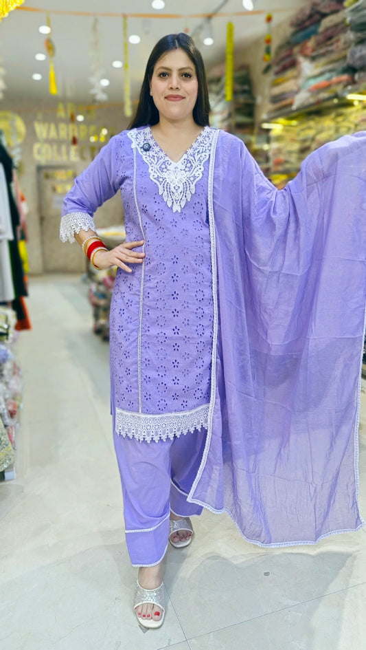 CHIKEN HAKUBA WHITE LASE WORK FARSHI SALWAR SUIT