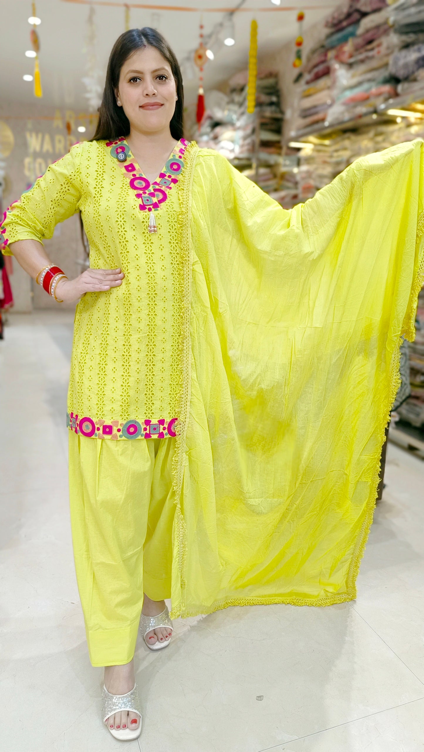 NEON HOT PINK MULTI THREAD WORK FARSHI SALWAR SUIT