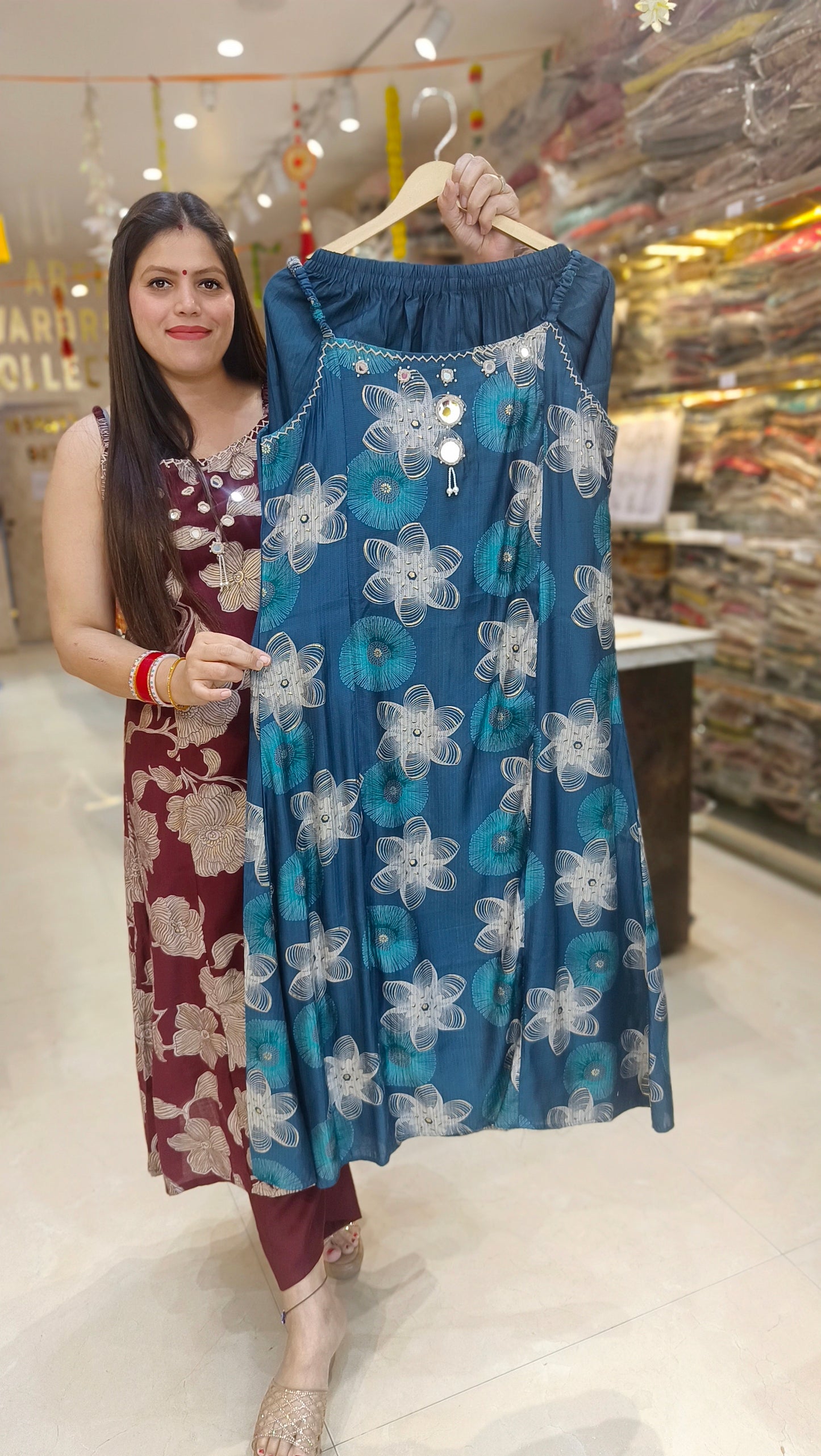 PEACOCK BLUE ORINGAL MIRROR WORK NECK SLEEVELESS CORDSET
