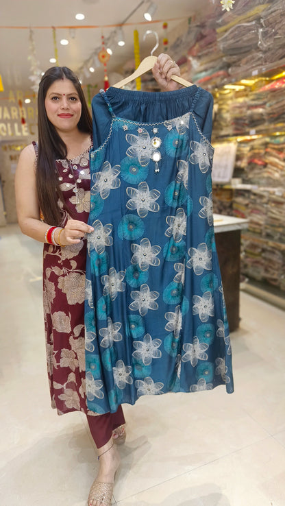 PEACOCK BLUE ORINGAL MIRROR WORK NECK SLEEVELESS CORDSET