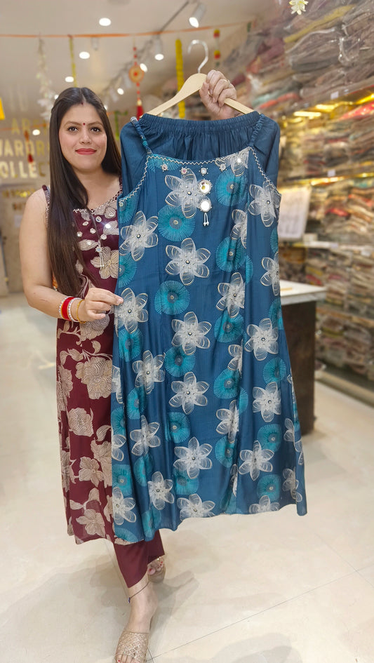 PEACOCK BLUE ORINGAL MIRROR WORK NECK SLEEVELESS CORDSET