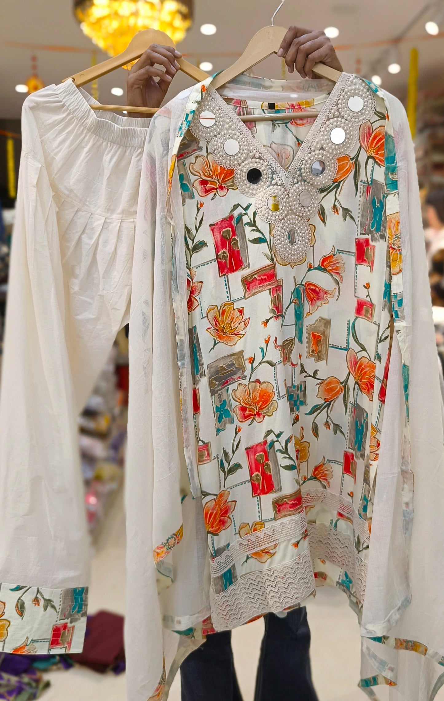 PURE COTTON PEARL AND MIRROR WORK FARSHI SALWAR SUIT