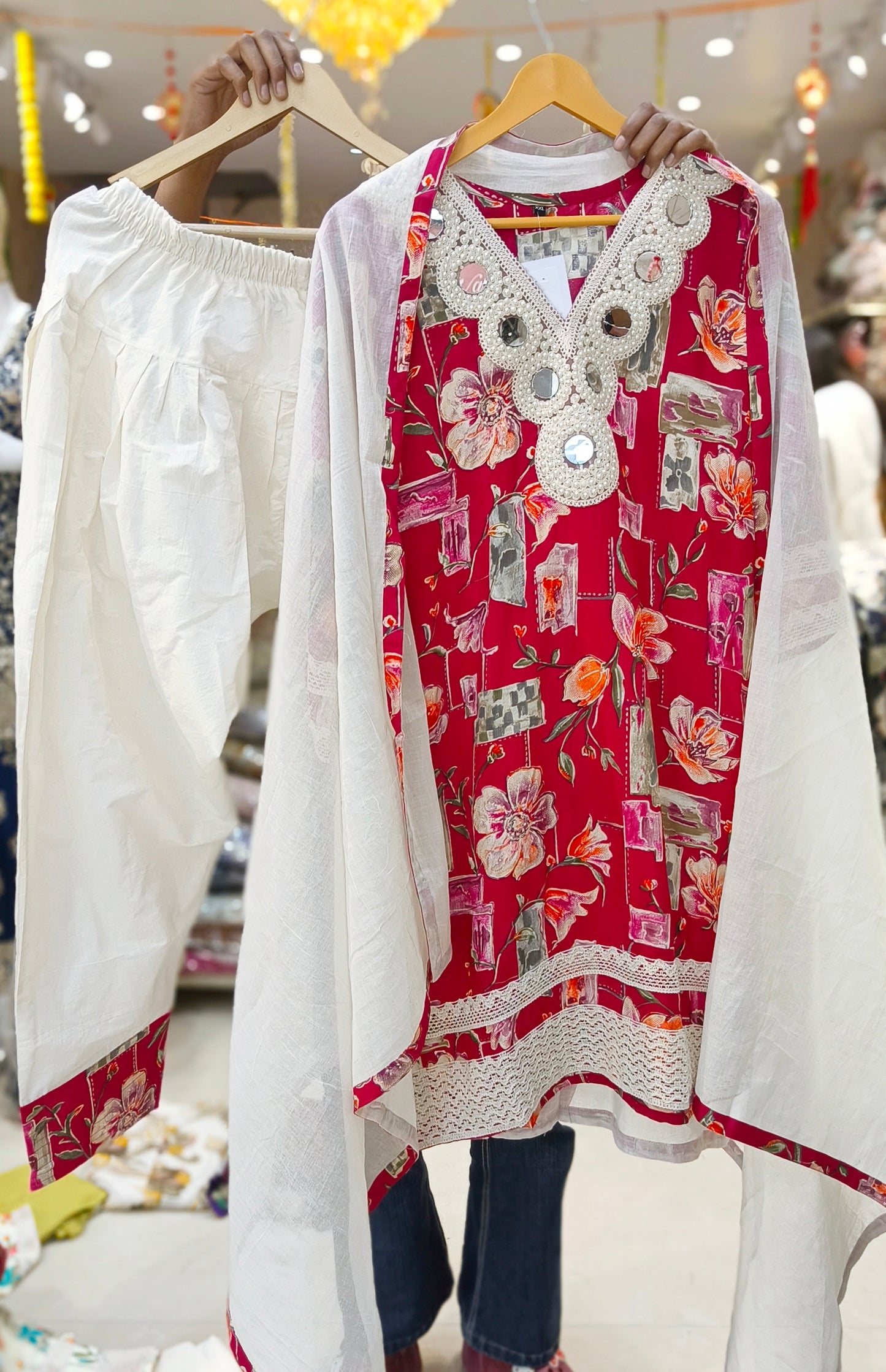 PURE COTTON PEARL AND MIRROR WORK FARSHI SALWAR SUIT