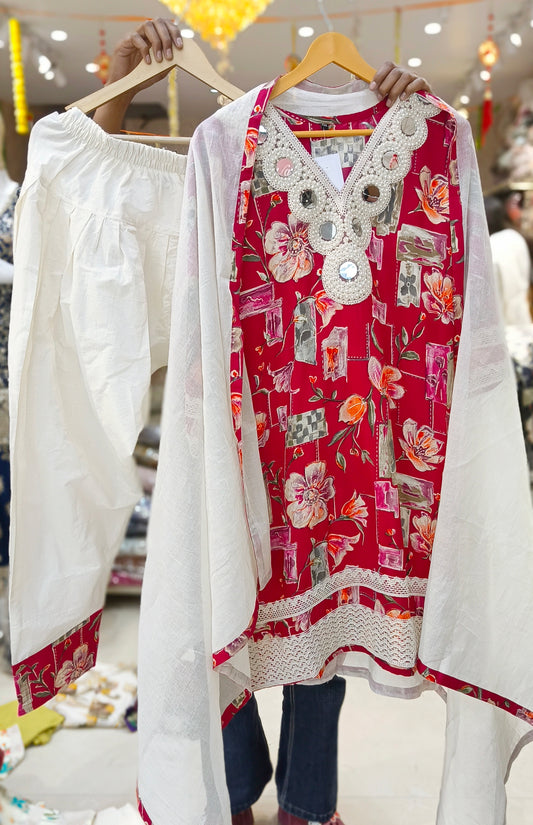 PURE COTTON PEARL AND MIRROR WORK FARSHI SALWAR SUIT