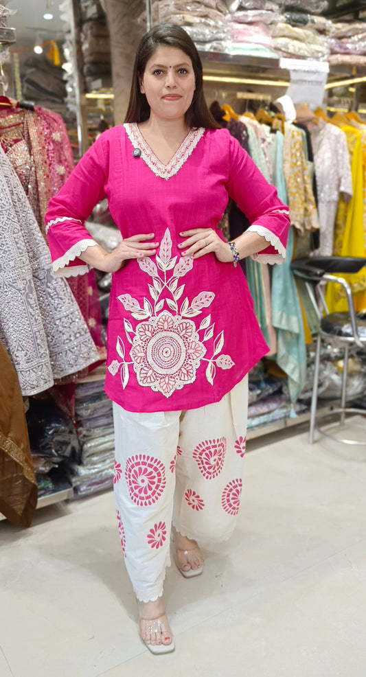 HOT PINK WHITE THREAD WORK WITH FARSHI SALWAR CORDSET