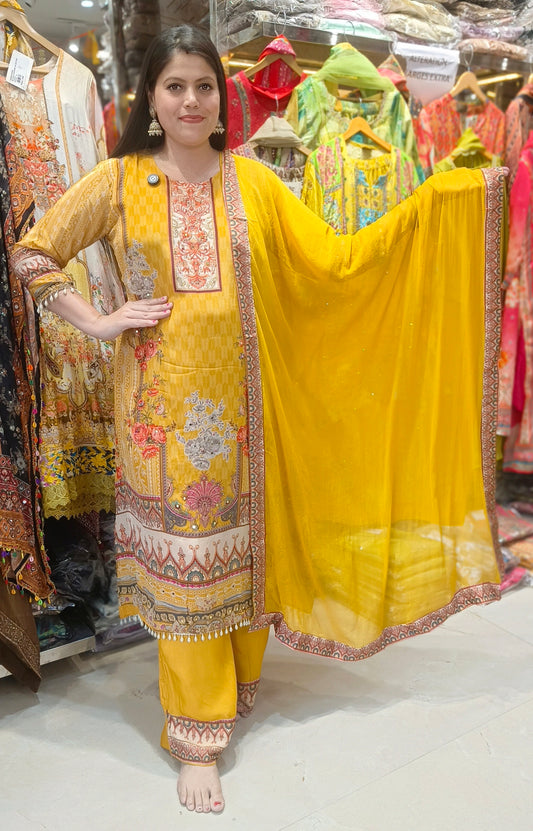 YELLOW C-CUT 3PC SET CREPE SUIT