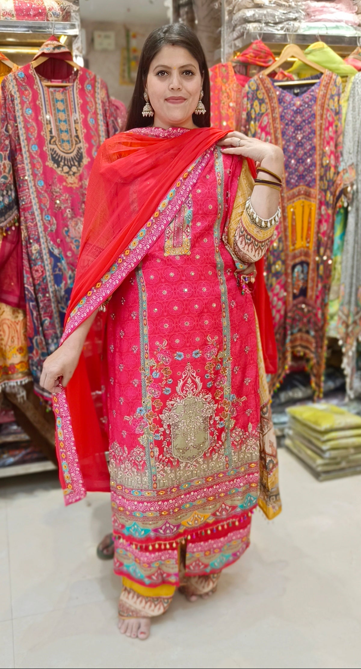 PURE CREPE CARROT DESIGNER STRAIGHT SUIT WITH ORIGNAL MIRROR WORK