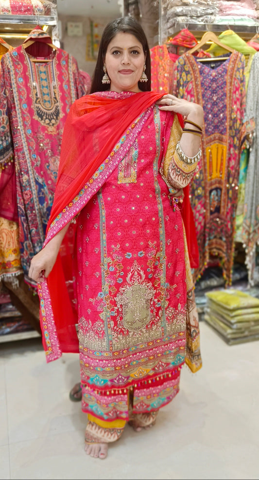 PURE CREPE CARROT DESIGNER STRAIGHT SUIT WITH ORIGNAL MIRROR WORK
