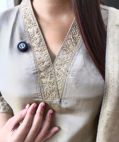 GREY RUSHIAN SILK HANDWORK EMBROIDED DUPPTA SUIT