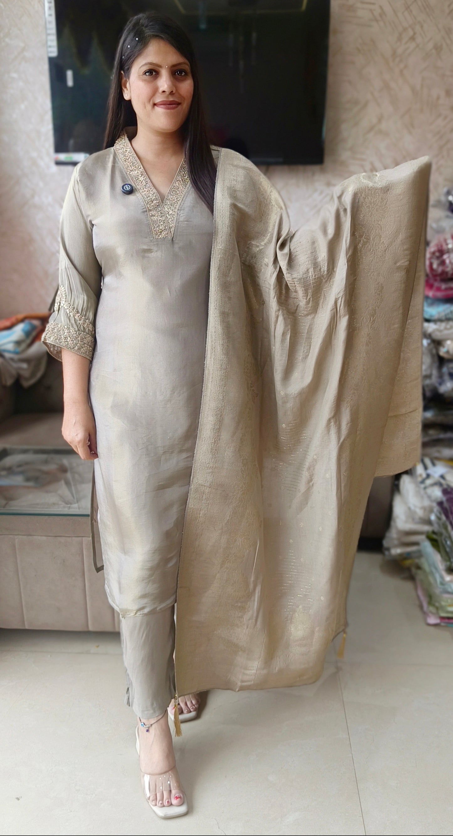 GREY RUSHIAN SILK HANDWORK EMBROIDED DUPPTA SUIT
