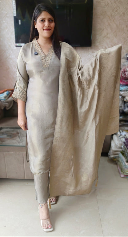 GREY RUSHIAN SILK HANDWORK EMBROIDED DUPPTA SUIT