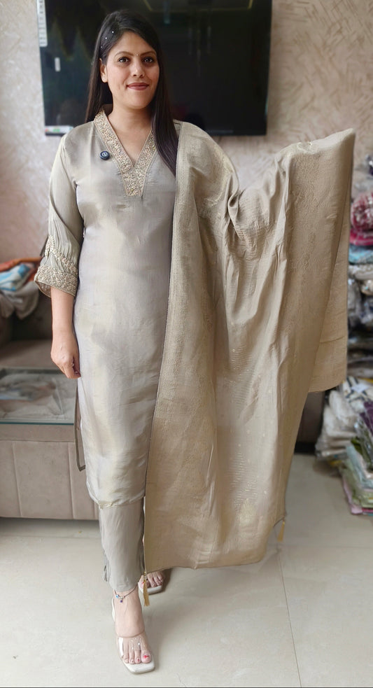 GREY RUSHIAN SILK HANDWORK EMBROIDED DUPPTA SUIT