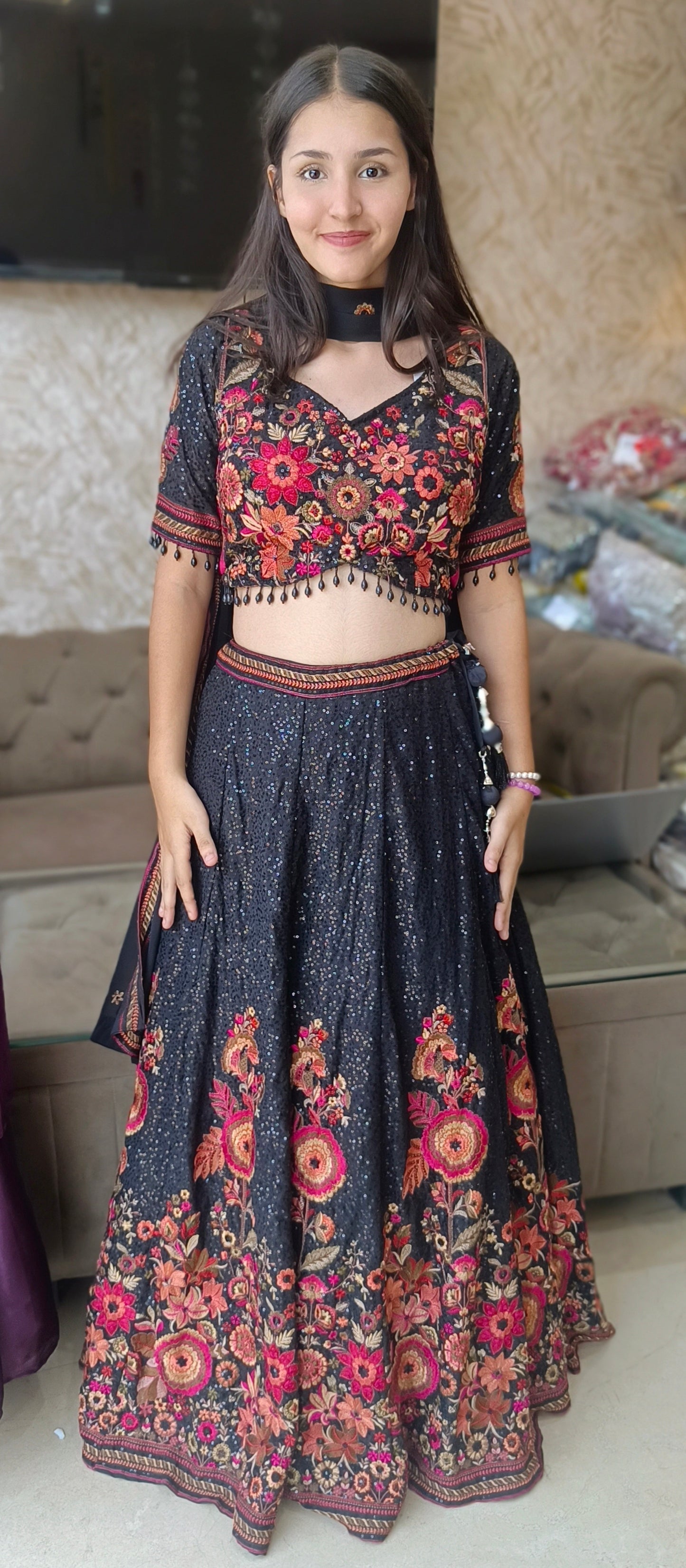 BLACK FULL EMBROIEDED SHORT TOP WITH FULL FLAIR LEHENGA