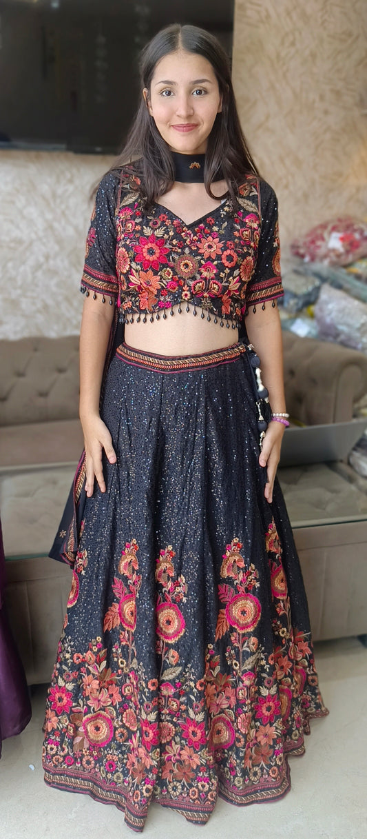 BLACK FULL EMBROIEDED SHORT TOP WITH FULL FLAIR LEHENGA