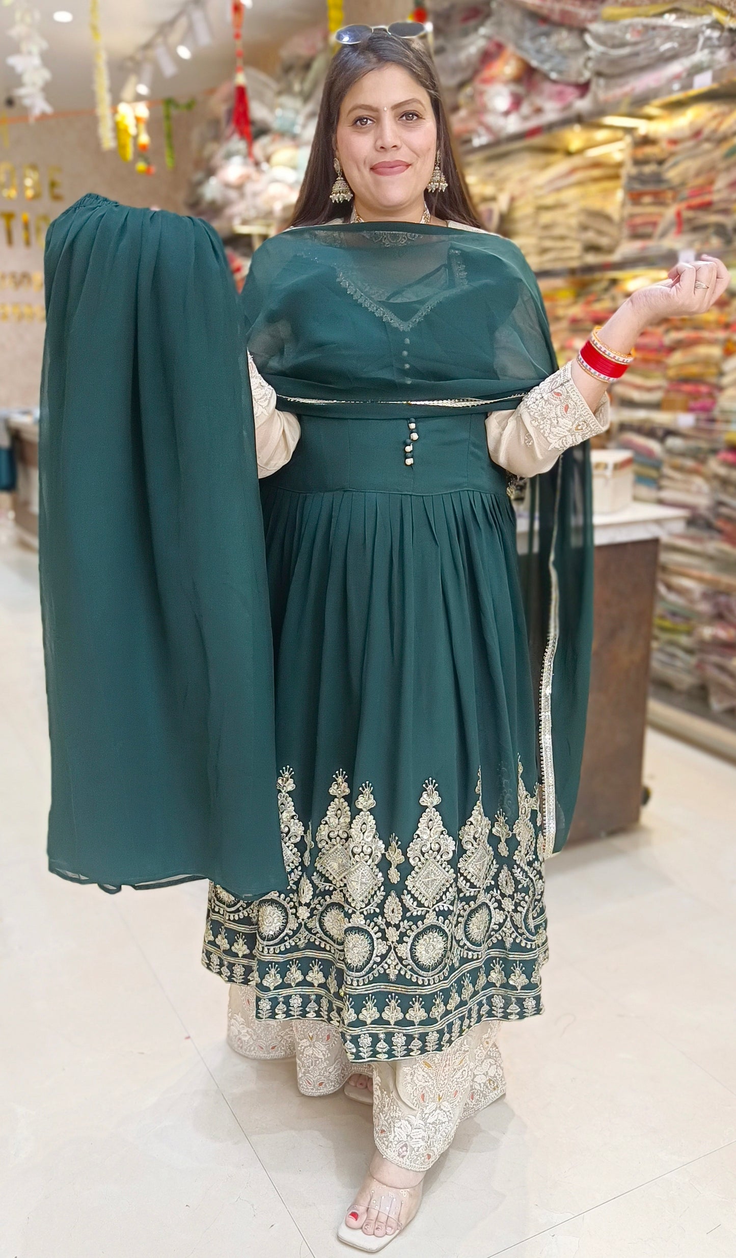 GREEN TEEJ SPECIAL HANDWORD FULL FLAIR ANARKALI