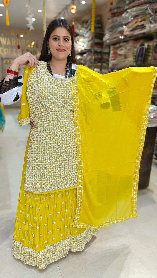 YELLOW GEORGET LONG LENGTH SHIRT WITH FULL FLAIR LEHENGA