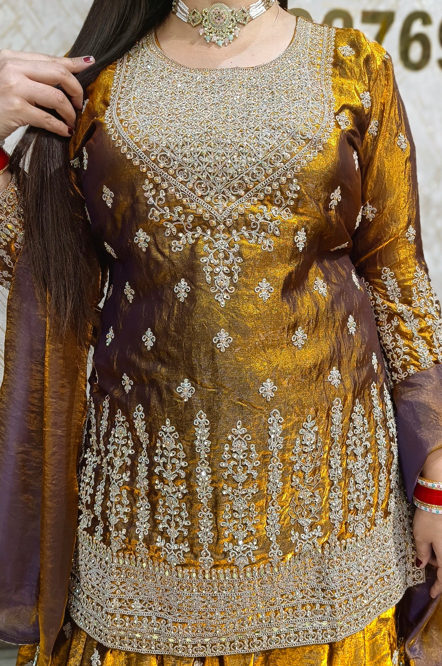 WEDDING WEAR FULL PEARL AND TILLA WORK DESIGNER LEHENGA