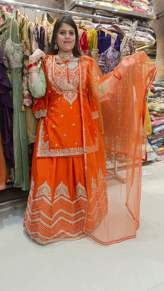 ORANGE SILVER WORK NECK FULL FLAIR LEHENGA