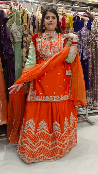 ORANGE SILVER WORK NECK FULL FLAIR LEHENGA