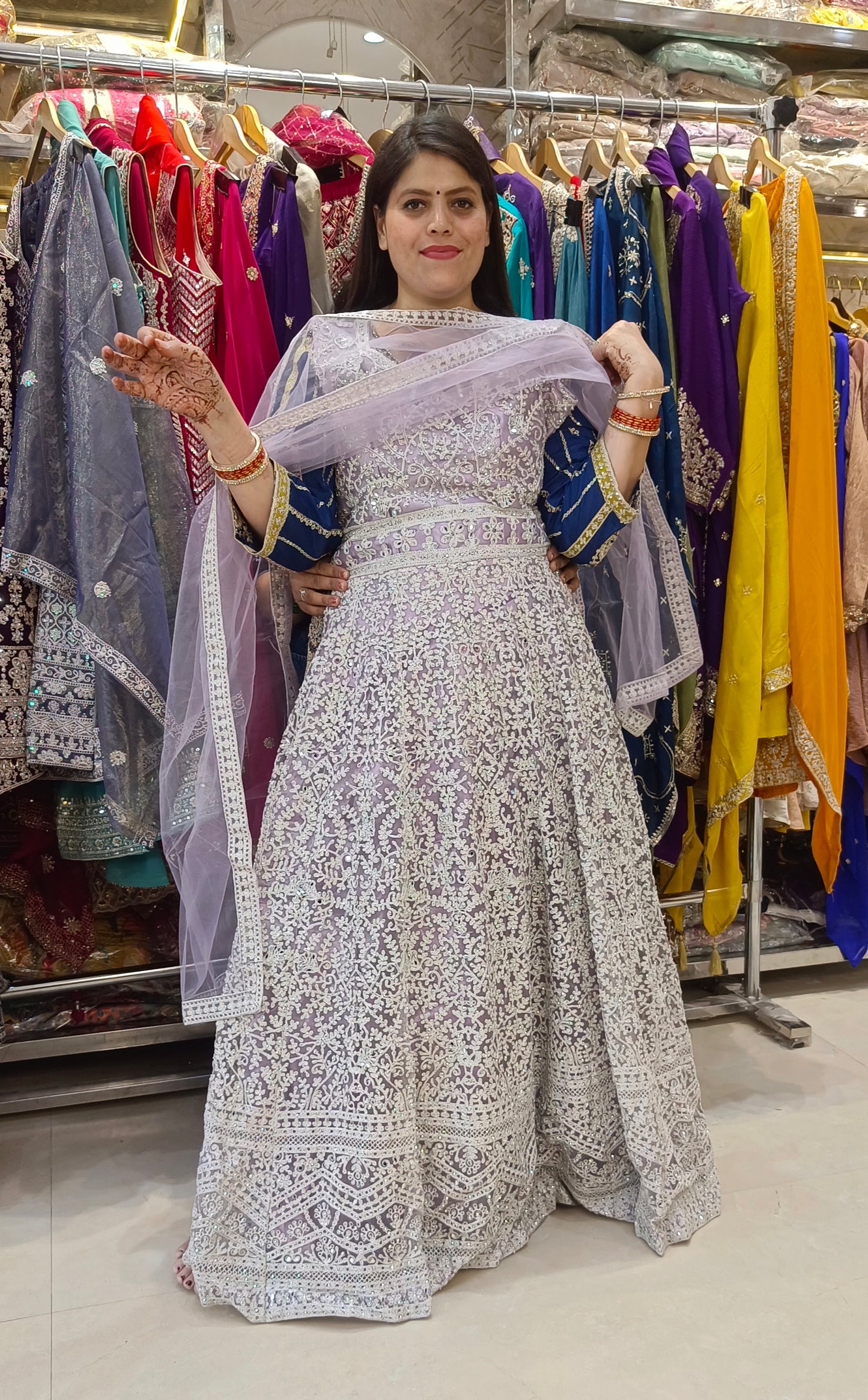LAVENDER FULL SILVER HANDWORK DESIGNER GOWN