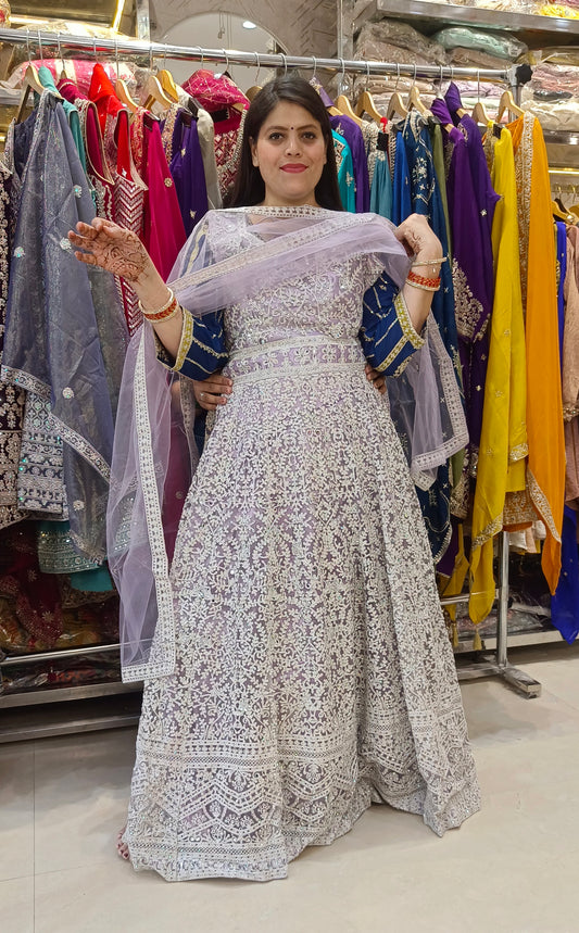 LAVENDER FULL SILVER HANDWORK DESIGNER GOWN