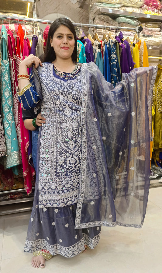 STEEL GREY WHITE THREAD WORK FULL FLAIR JAFFA SUIT