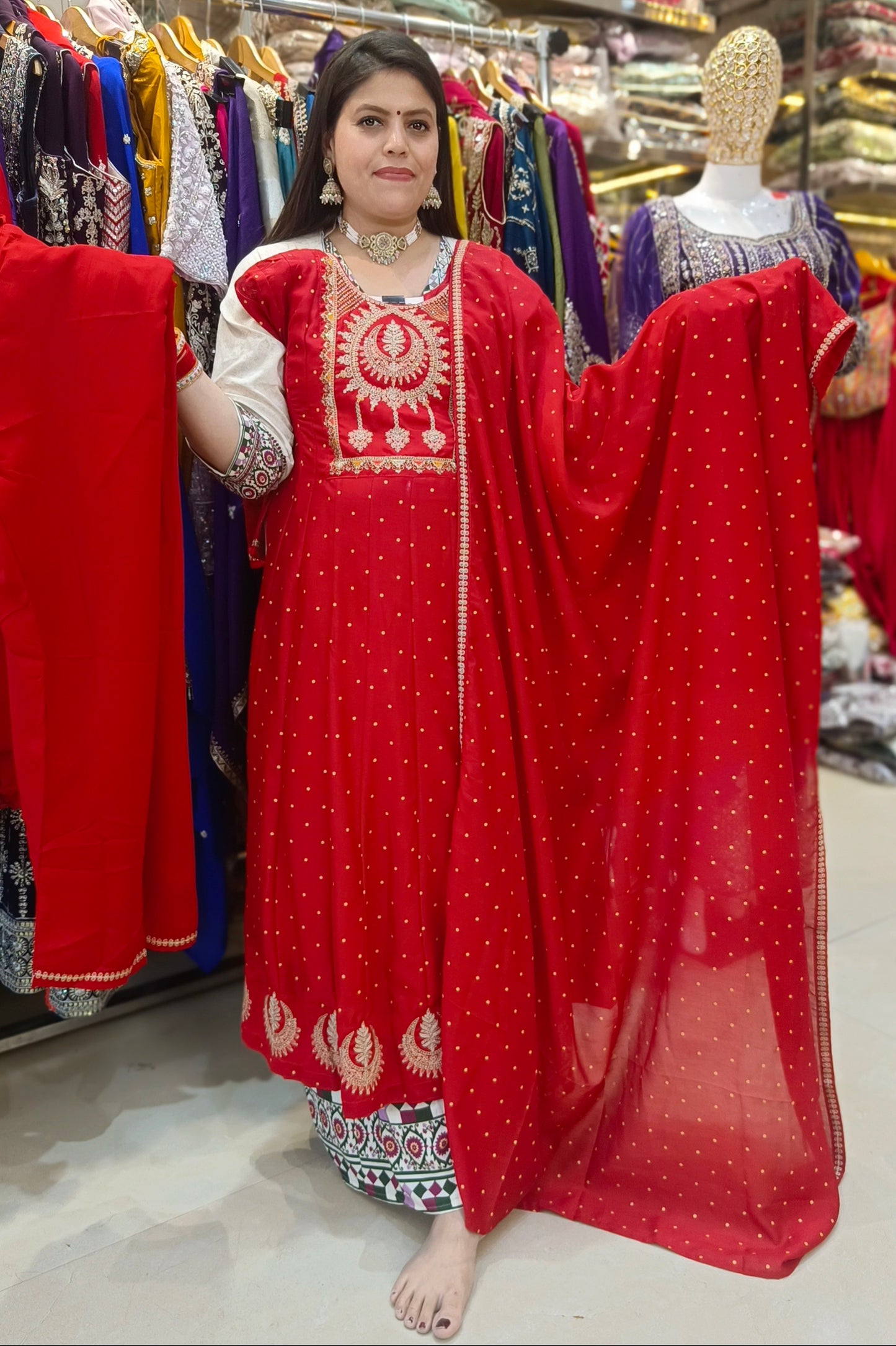 RED PURE CHINON ANARKALI