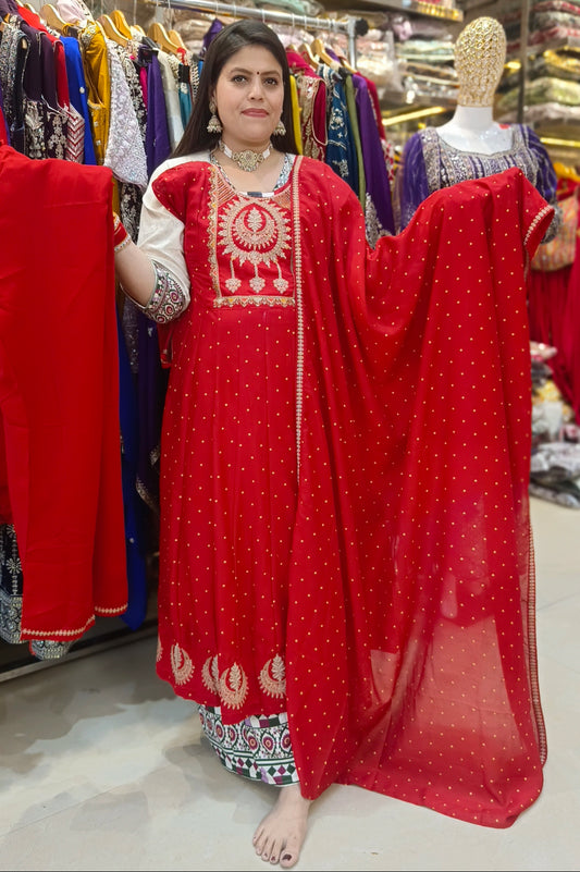 RED PURE CHINON ANARKALI