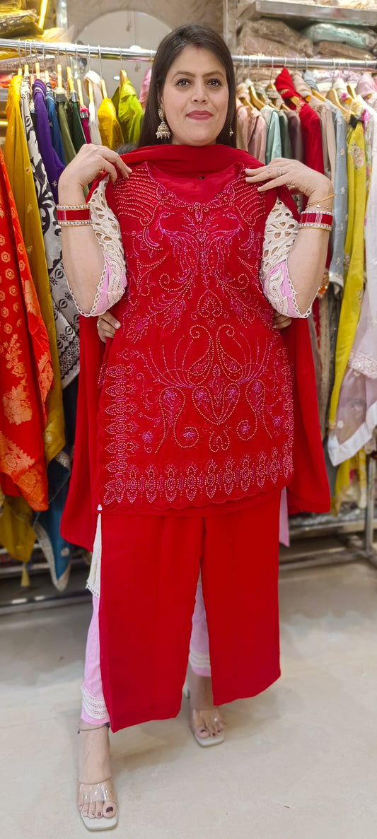 RED NECK DESIGN PEARL DESIGN PANT BOTTOM DRESS