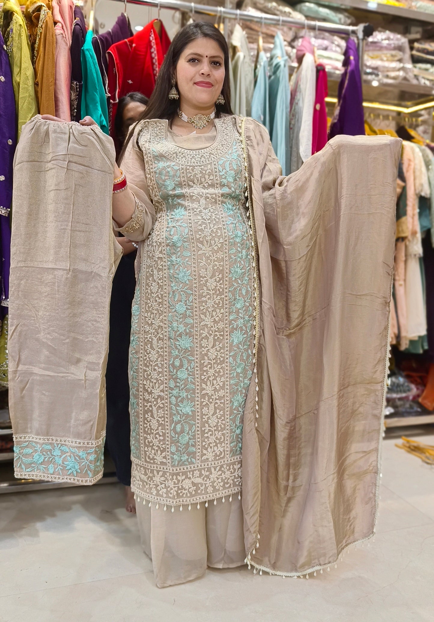 GREY WITH SKY BLUE EMBROIDED HANDWORK SUIT