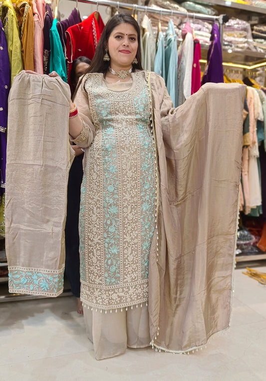 GREY WITH SKY BLUE EMBROIDED HANDWORK SUIT