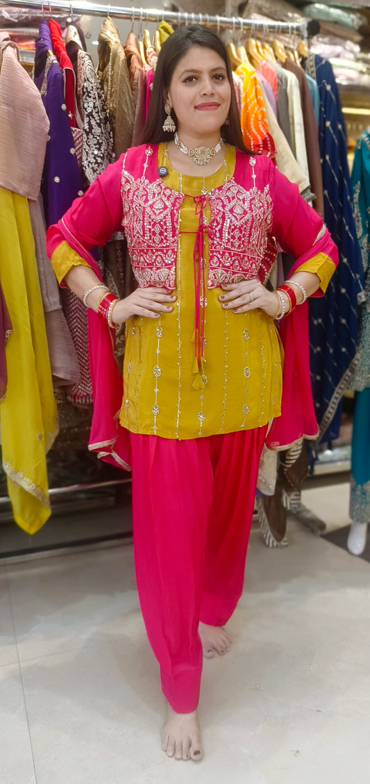 Designer Four Piece Suit With Jacket and Farshi Salwar