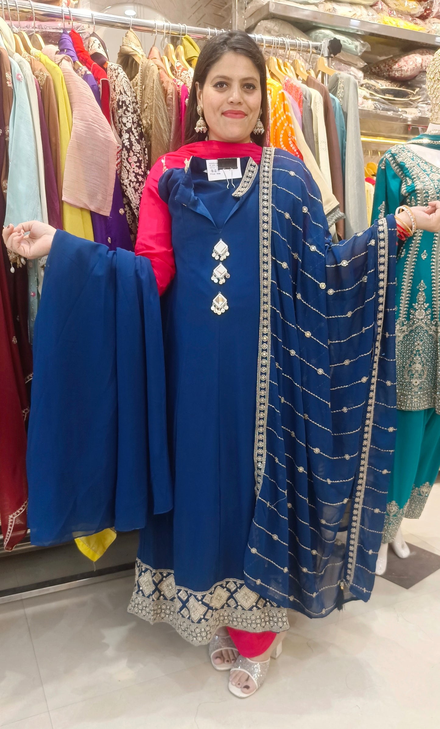 Georgett Mirror Work Anarkali Suit With Heavy Dupatta