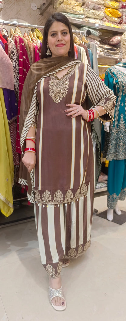 Designer Pure Crepe Suit With Zari Work (Chocolate)