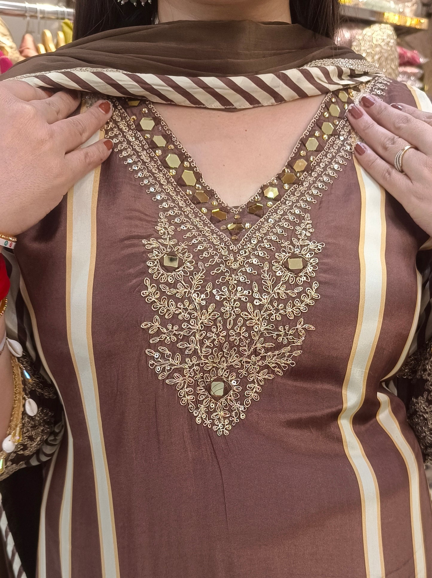 Designer Pure Crepe Suit With Zari Work (Chocolate)