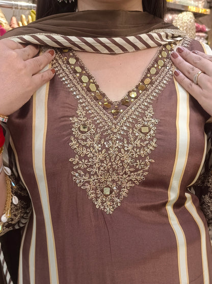 Designer Pure Crepe Suit With Zari Work (Chocolate)