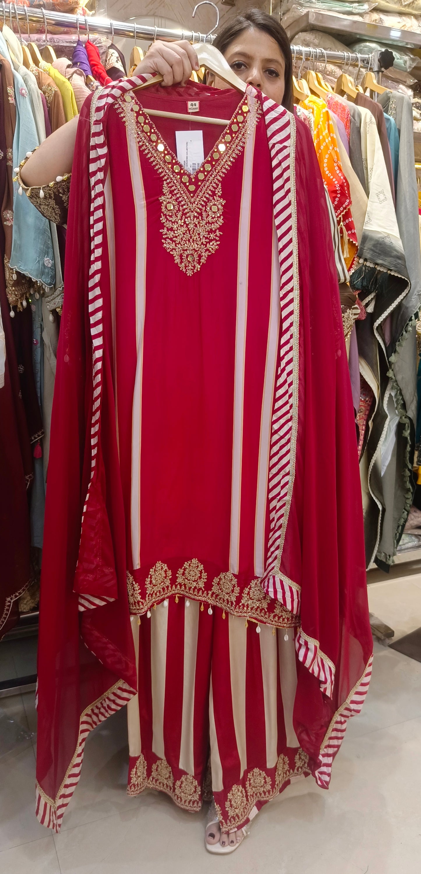 Designer Pure Crepe Suit With Zari Work (Reddish)