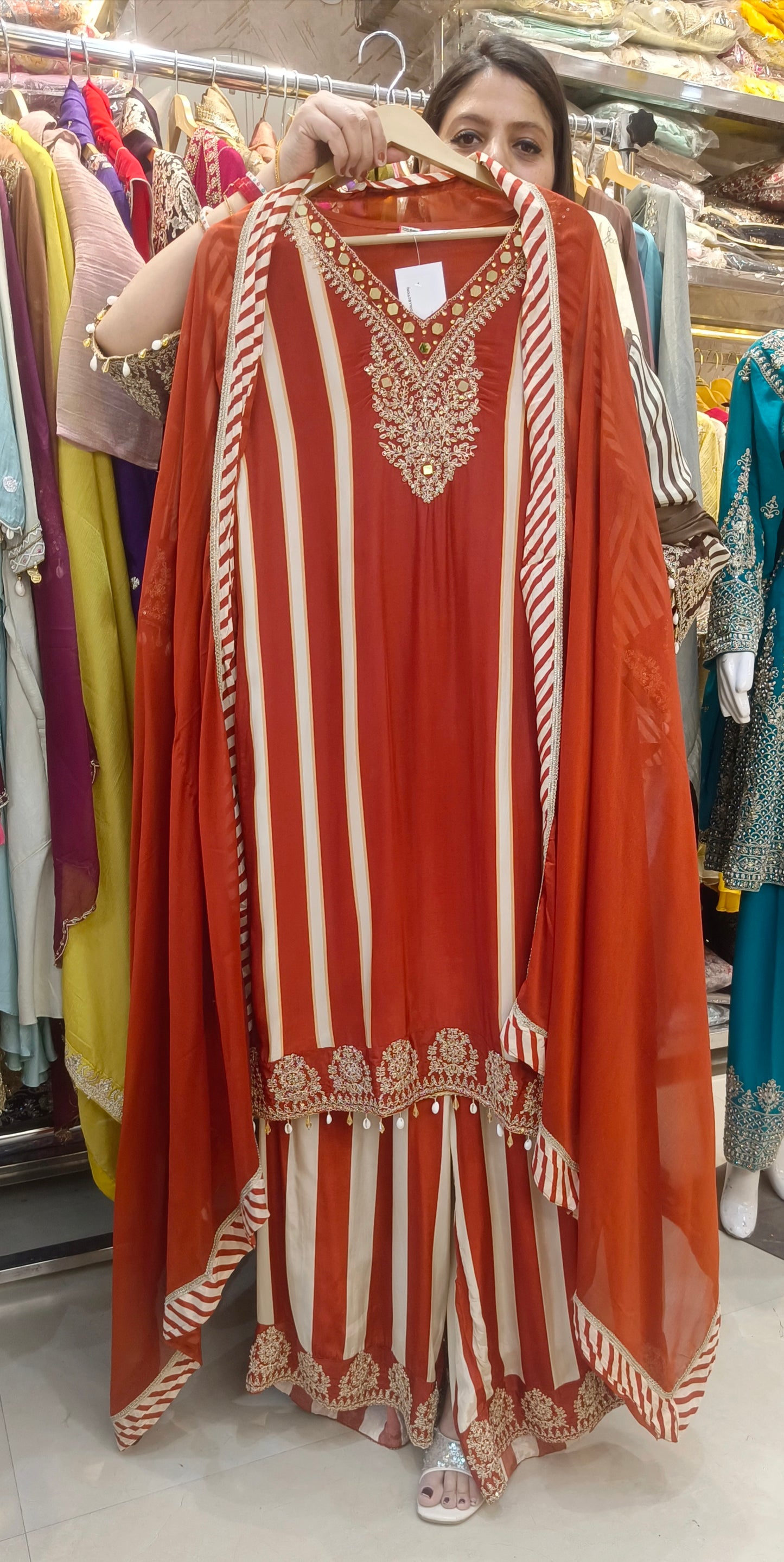 Designer Pure Crepe Suit With Zari Work (Rusty Orange)