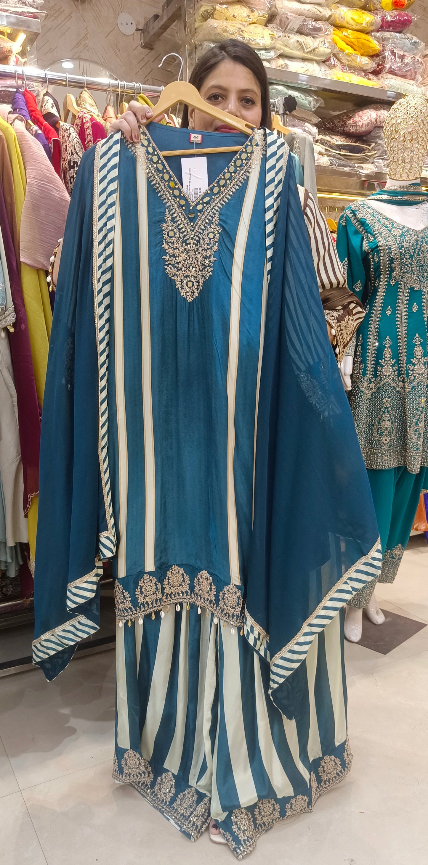 Designer Pure Crepe Suit With Zari Work (Blue)